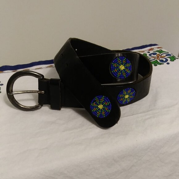 GAP Black Leather Belt 🌈 Beaded Sunbursts | Native American Cowboy Vibes | Size - Picture 1 of 13